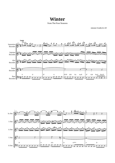 Largo from Winter by Vivaldi for Recorder Quintet with Chords