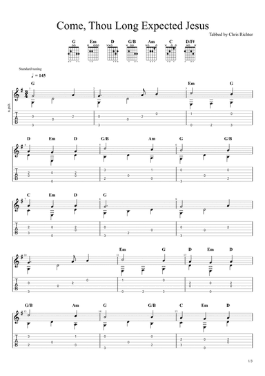 Come, Thou Long Expected Jesus (Solo Fingerstyle Guitar Tab)