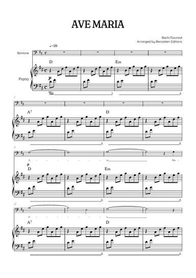 Bach / Gounod Ave Maria in D major • baritone sheet music with piano accompaniment and chords