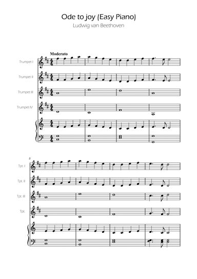 Ode To Joy - Easy Trumpet Quartet w/ piano accompaniment