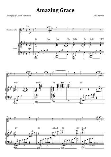 Amazing Grace - Alto Saxophone & Piano with Chord Notation