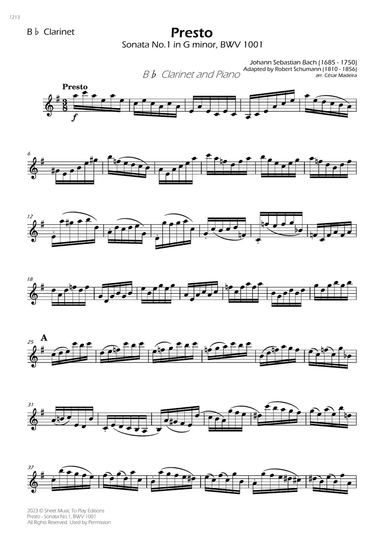 Presto from Sonata No.1, BWV 1001 - Bb Clarinet and Piano (Individual Parts)