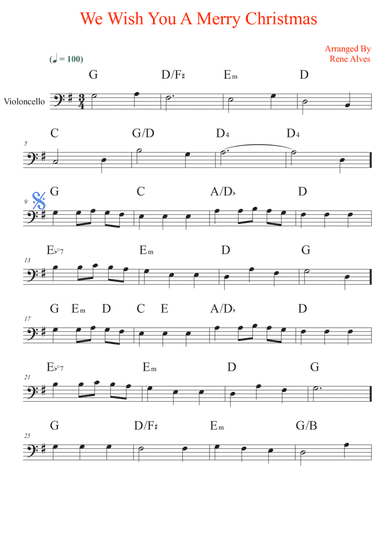 We Wish You A Merry Christmas, sheet music and cello melody for the beginning musician (easy).