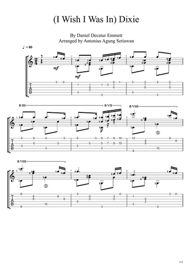 I Wish I Was In Dixie (Solo Guitar Tablature)