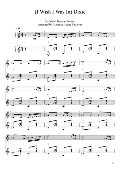 I Wish I Was In Dixie (Duet Guitar Score)