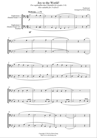 Joy to the World (for euphonium duet (bass clef, 3 or 4 valved), suitable for grades 1-6)