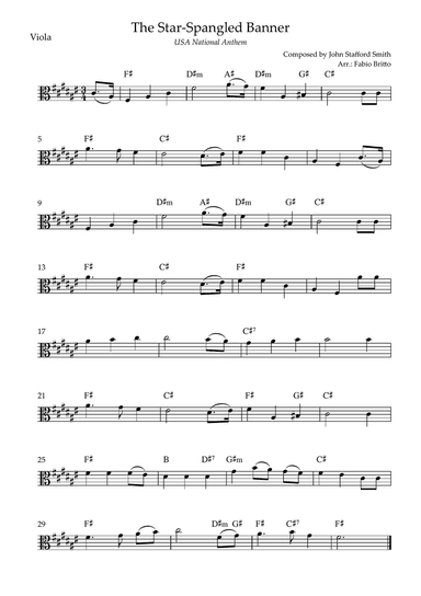 The Star Spangled Banner (USA National Anthem) for Viola Solo with Chords (F# Major)