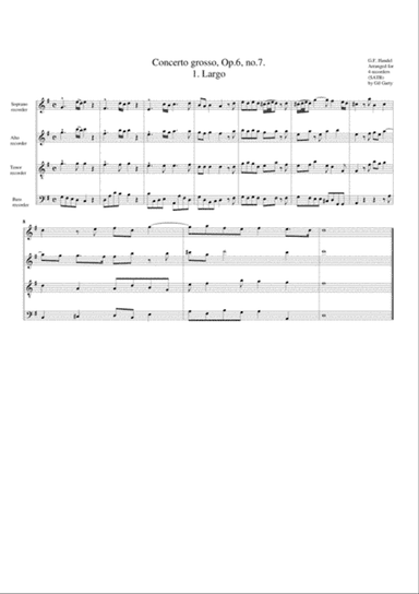 Concerto grosso, Op.6, no.7 (arrangement for 4 recorders)