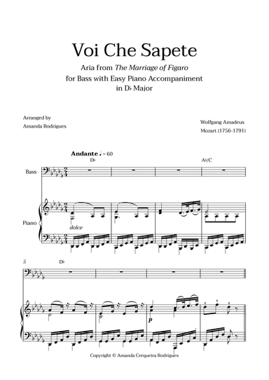 Voi Che Sapete from "The Marriage of Figaro" - Easy Bass and Piano Aria Duet with Chords in Db Major