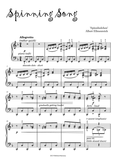 SPINNING SONG Albert Ellmenreich - Piano Sheet Music with note names