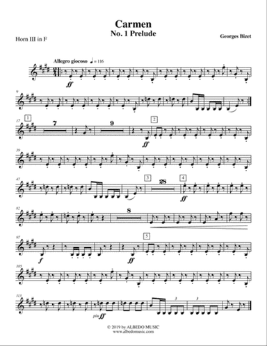 Carmen, No. 1 Prelude - Horn in F 3 (Transposed Part)