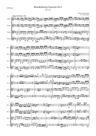 Brandenburg Concerto No. 3 in G major, BWV 1048 1st Mov. (J.S. Bach) for Violin Quartet