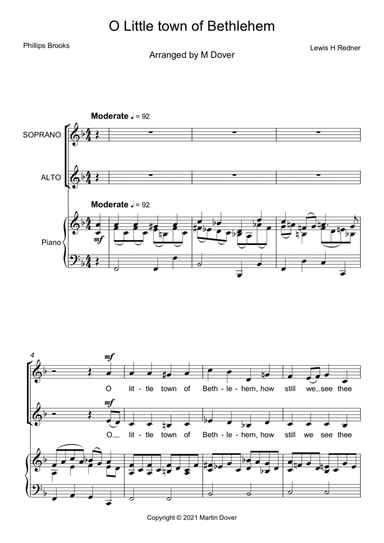 O Little Town of Bethlehem - St Louis Tune - Two Part Choir SA - Upper Voices