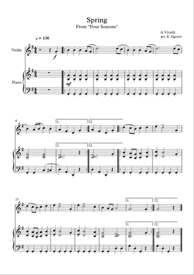 Spring (Four Seasons), Antonio Vivaldi, For Violin & Piano