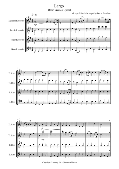 Largo (from Handel's Opera Xerxes) for Recorder Quartet