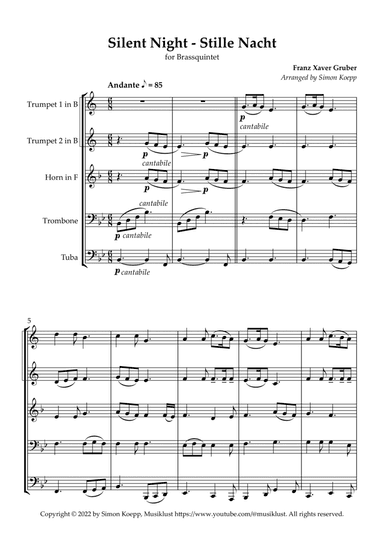 Silent Night, Holy Night (Stille Nacht, heilige Nacht) for Brassquintet
