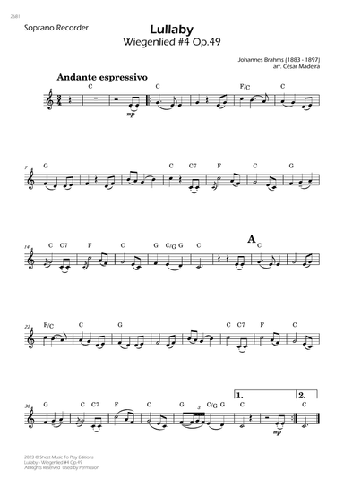Brahms' Lullaby - Soprano Recorder Solo - W/Chords
