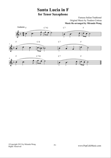Santa Lucia in F - Tenor or Soprano Saxophone Solo