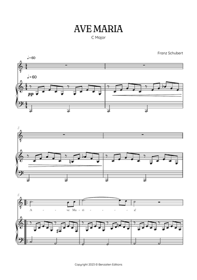Schubert Ave Maria in C Major • tenor sheet music with easy piano accompaniment