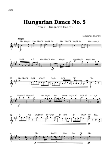 Hungarian Dance No. 5 by Brahms for Oboe Solo with Chords
