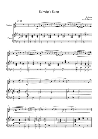 Solveig`s Song, Edvard Grieg, For Clarinet & Piano