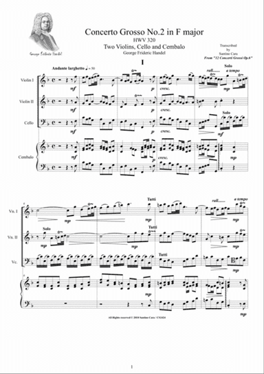 Handel - Concerto Grosso No.2 in F major HWV 320 Op.6 for Two Violins, Cello and Cembalo