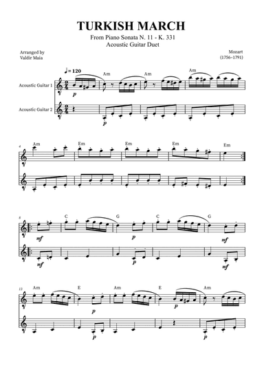 Turkish March - Acoustic Guitar Duet (with chords)