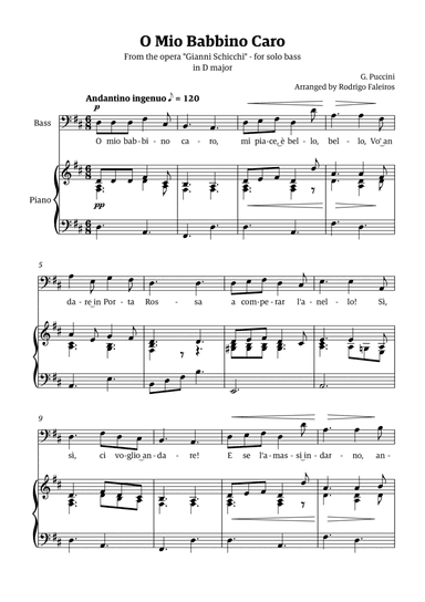 O Mio Babbino Caro - for bass (in D major)