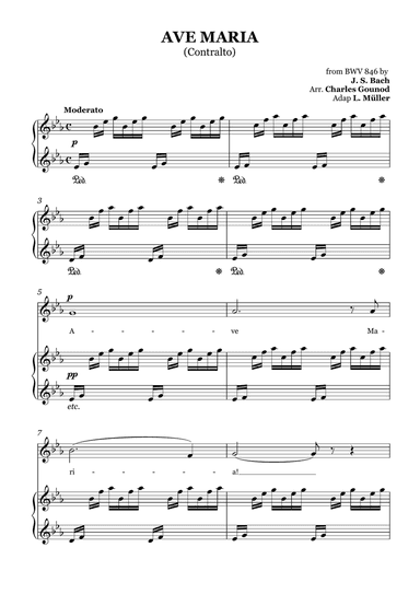 AVE MARIA - Bach/Gounod. For Soloist Contralto in E-flat Major with Piano Accompaniment