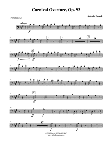 Dvorak Carnival Overture - Trombone Bass Clef 2 (Transposed Part), Op.92