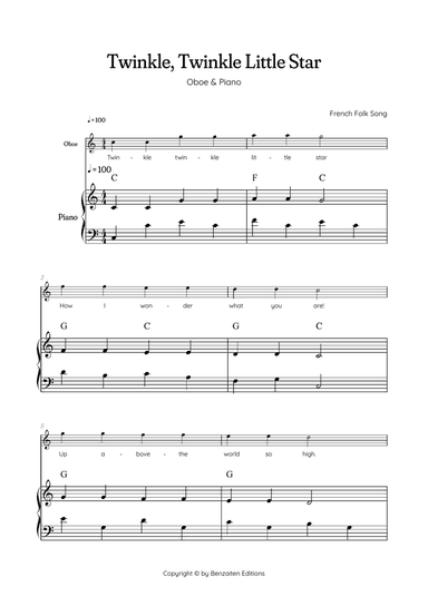 Twinkle, Twinkle Little Star • Easy oboe sheet music with easy piano accompaniment with chords