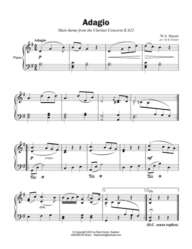 Adagio from the clarinet concerto for easy piano solo (G major)