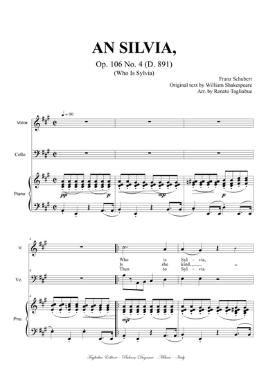 AN SILVIA - Op. 106 No. 4 (D. 891) - For Soprano or Tenor, Piano and (ad libitum) Cello - Score Only