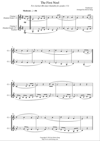 The First Noel (for clarinet(Bb) duet, suitable for grades 1-5)