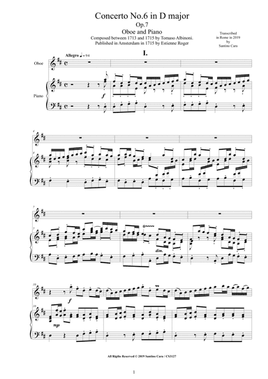 Albinoni - Oboe Concerto No.6 in D major Op.7 for Oboe and Piano