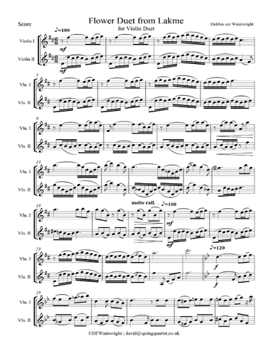 Flower Duet from Lakme by Delibes arranged for two violins