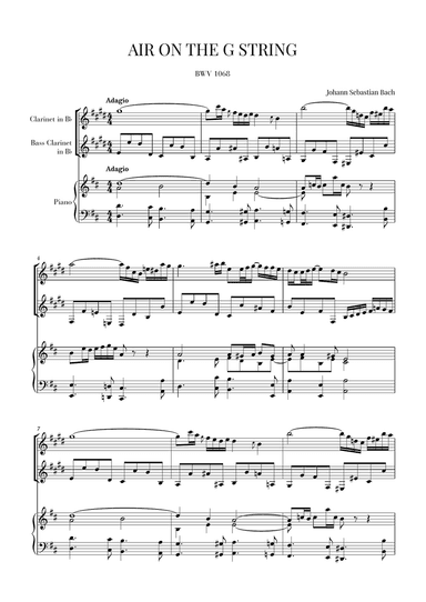 Bach: Air on the G String for Clarinet in Bb, Bass Clarinet in Bb and Piano