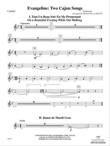Evangeline: Two Cajun Songs: 1st F Horn