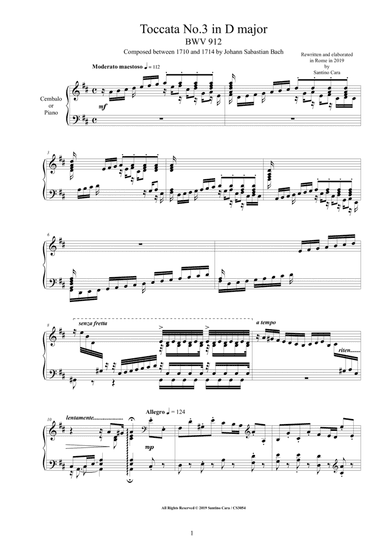 Bach - Toccata No.3 in D major BWV 912 for Harpsichord or Piano - Complete score