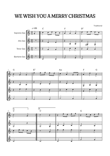 We Wish You a Merry Christmas for Sax Quartet • easy Christmas sheet music w/ chords