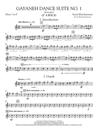 Gayenah Dance Suite No. 1 (Excerpts) (arr. Kenneth Snoeck) - Horn 1 in F