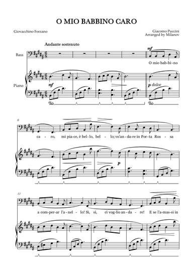 O Mio Babbino Caro | Male Voice Bass | B Major | Piano accompaniment | Pedal