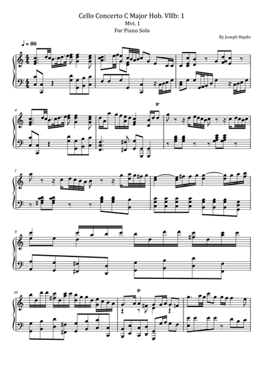 Haydn - Cello Concerto C Major Hob. VIIb: 1 - Mvt. 1 - For Piano Solo