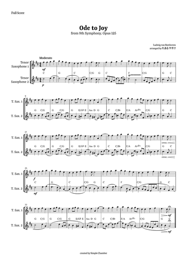 Ode to Joy for Tenor Saxophone Duet by Beethoven Opus 125