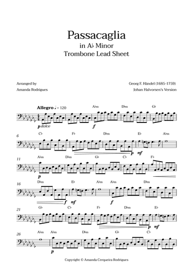 Passacaglia - Easy Trombone Lead Sheet in Am Minor (Johan Halvorsen's Version)
