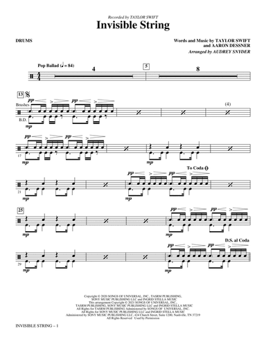 invisible string (arr. Audrey Snyder) - Drums