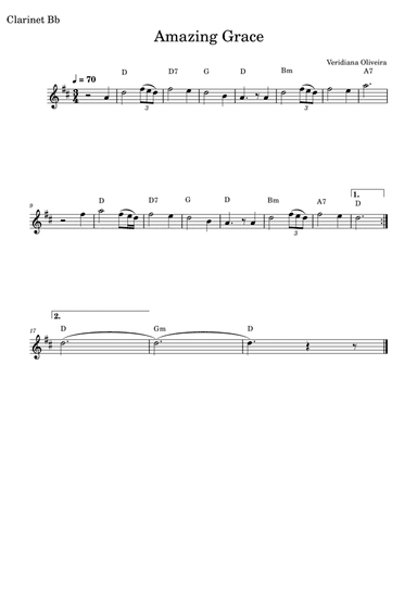 Amazing Grace, for Clarinet, in D major