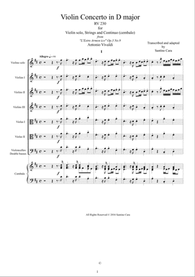 Violin Concerto No.9 Op.3 in D major RV 230 for Violin solo, Strings and Continuo