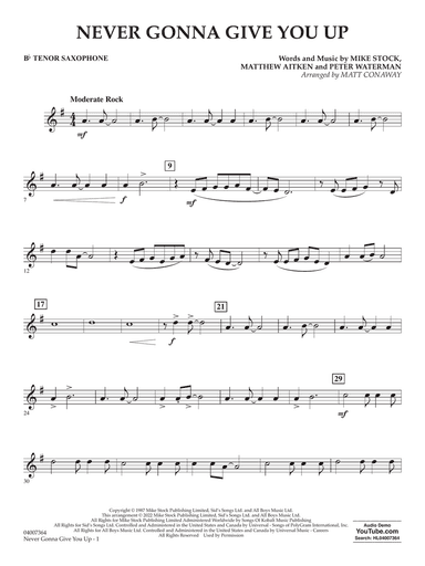 Never Gonna Give You Up (arr. Matt Conaway) - Bb Tenor Saxophone
