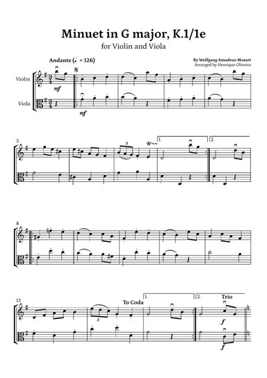 Minuet in G major, K.1/1e (Violin and Viola) - W. A. Mozart